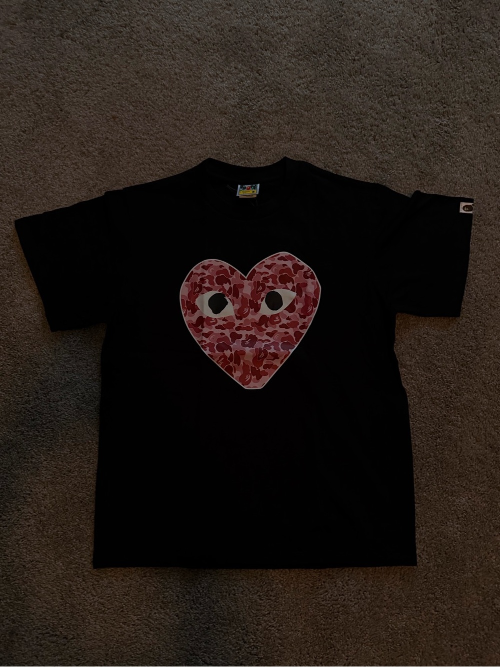 Black Graphic Heart Tee with Pink Heart Design bape shirt